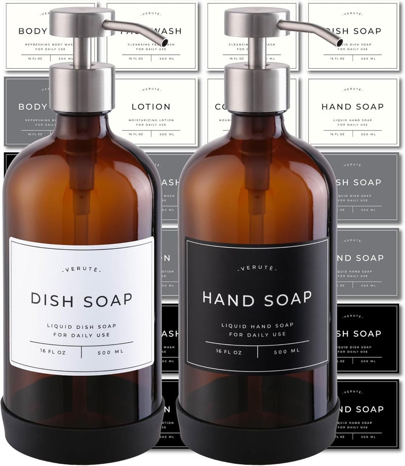 Verute Hand and Dish Soap Dispenser for Kitchen and Bathroom, Set of 2 16 Oz Glass Bottles, Stainless Steel Pumps, Non-Slip Silicone Base, 27 Waterproof Labels (Amber Bottle/Brushed Silver Pump) - Image 1